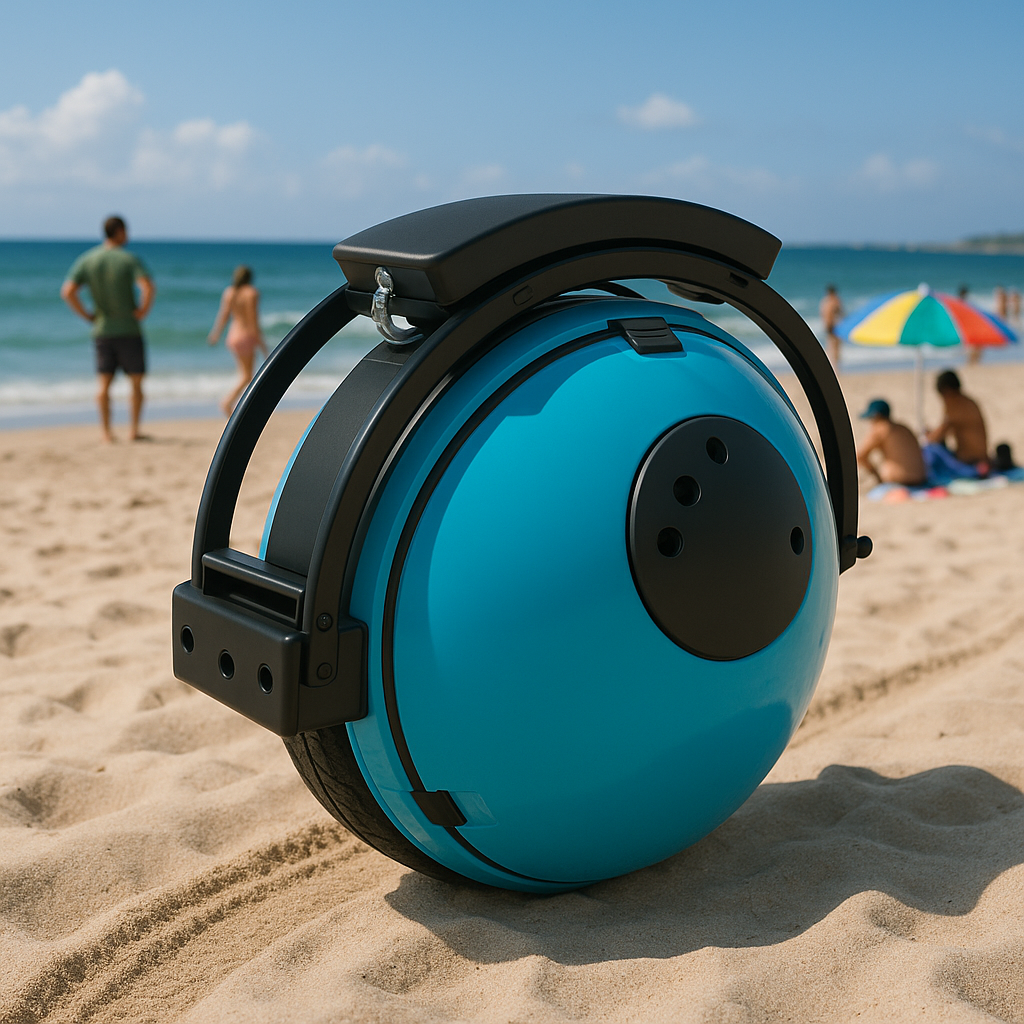 Blue Pengo Cooler Ball standing upright in beach sand