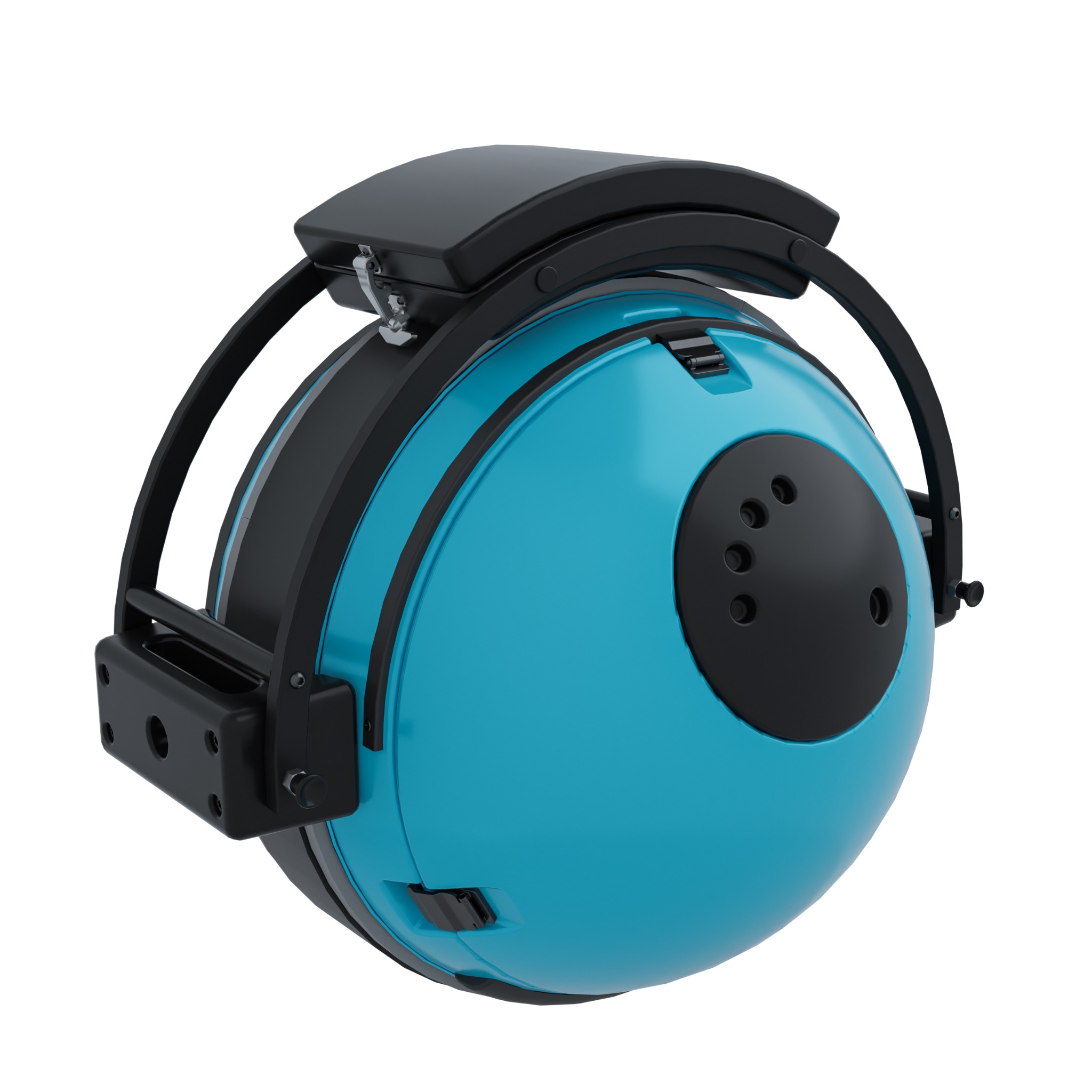 Close-up blue Pengo Cooler Ball rendering with front mount and frame
